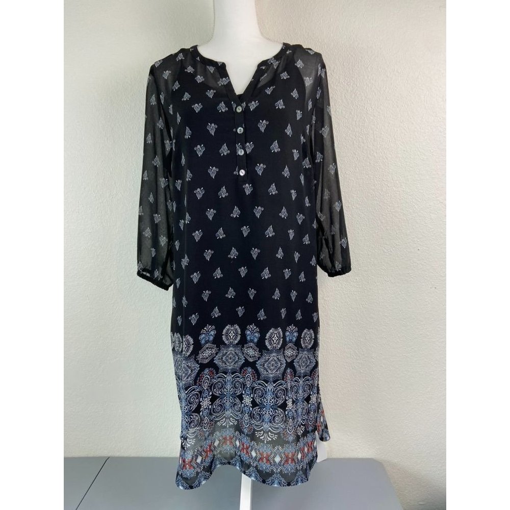 J. Jill women's medium black patterned 3/4 sleeve sheer overlay shift dress